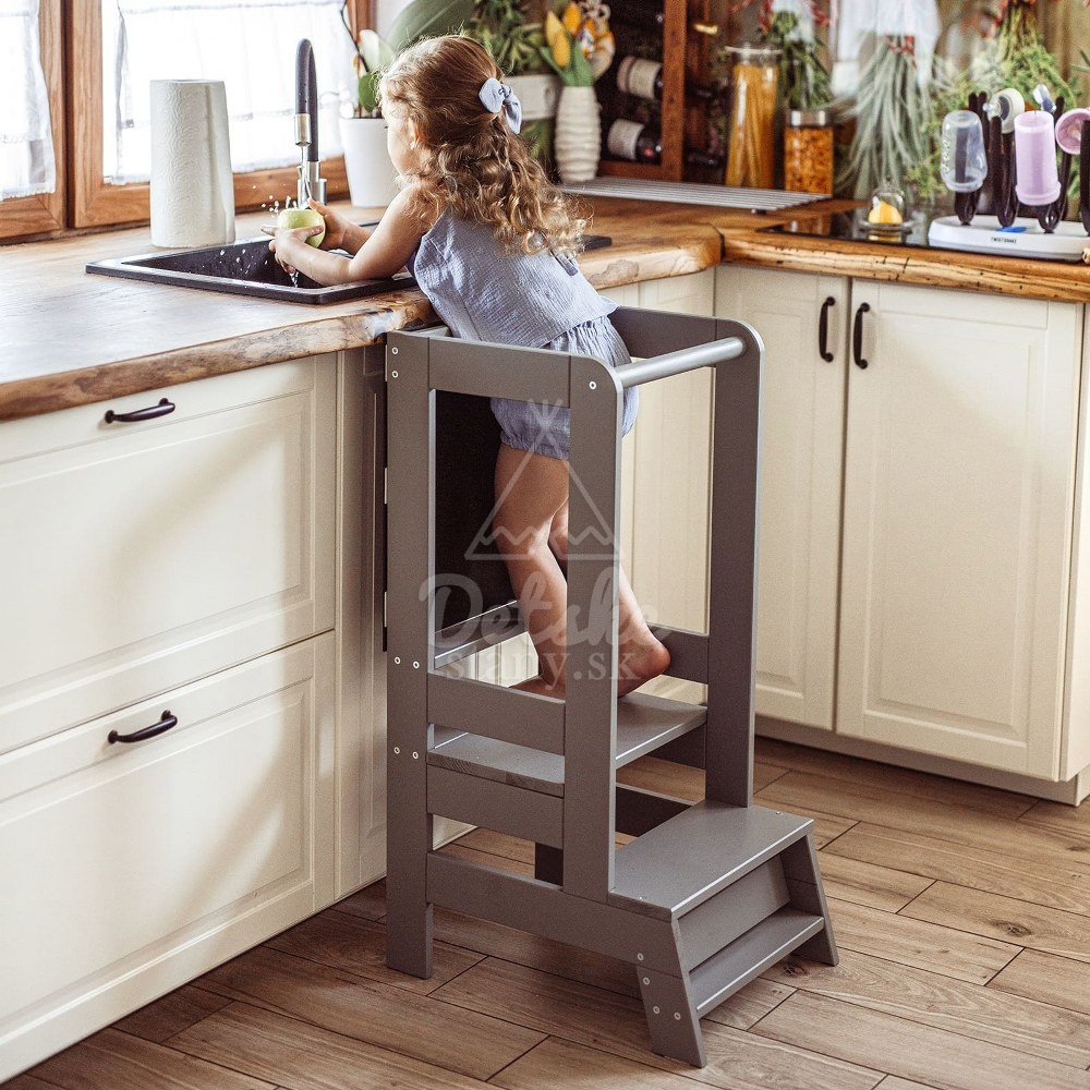Učiaca veža MeowBaby® Kitchen Helper s tabuľkou - sivá