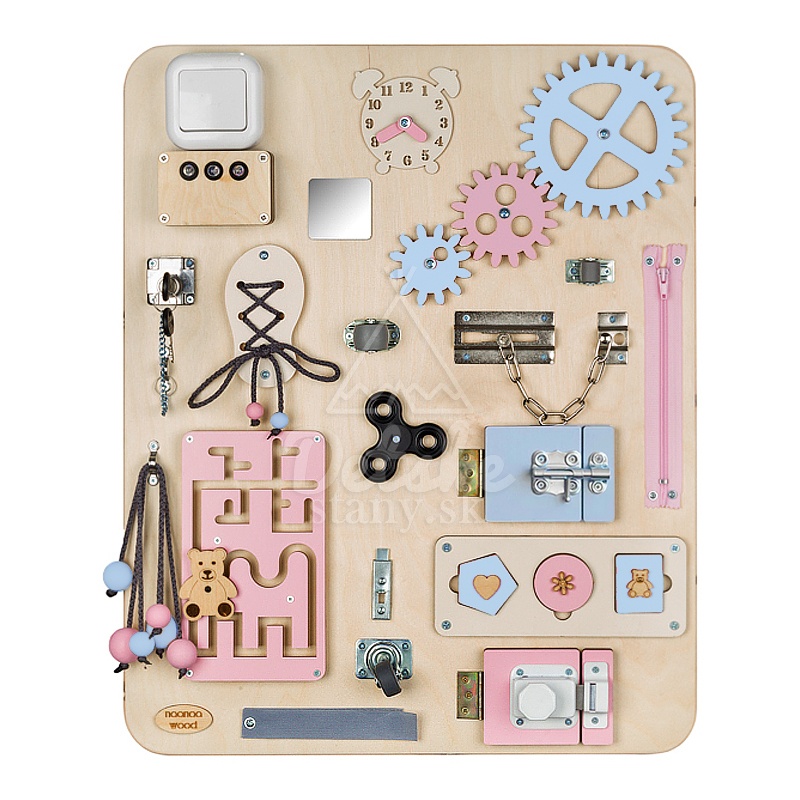 Montessori tabuľa (activity board) pre deti - MAXI - ružovo modrá NATUR