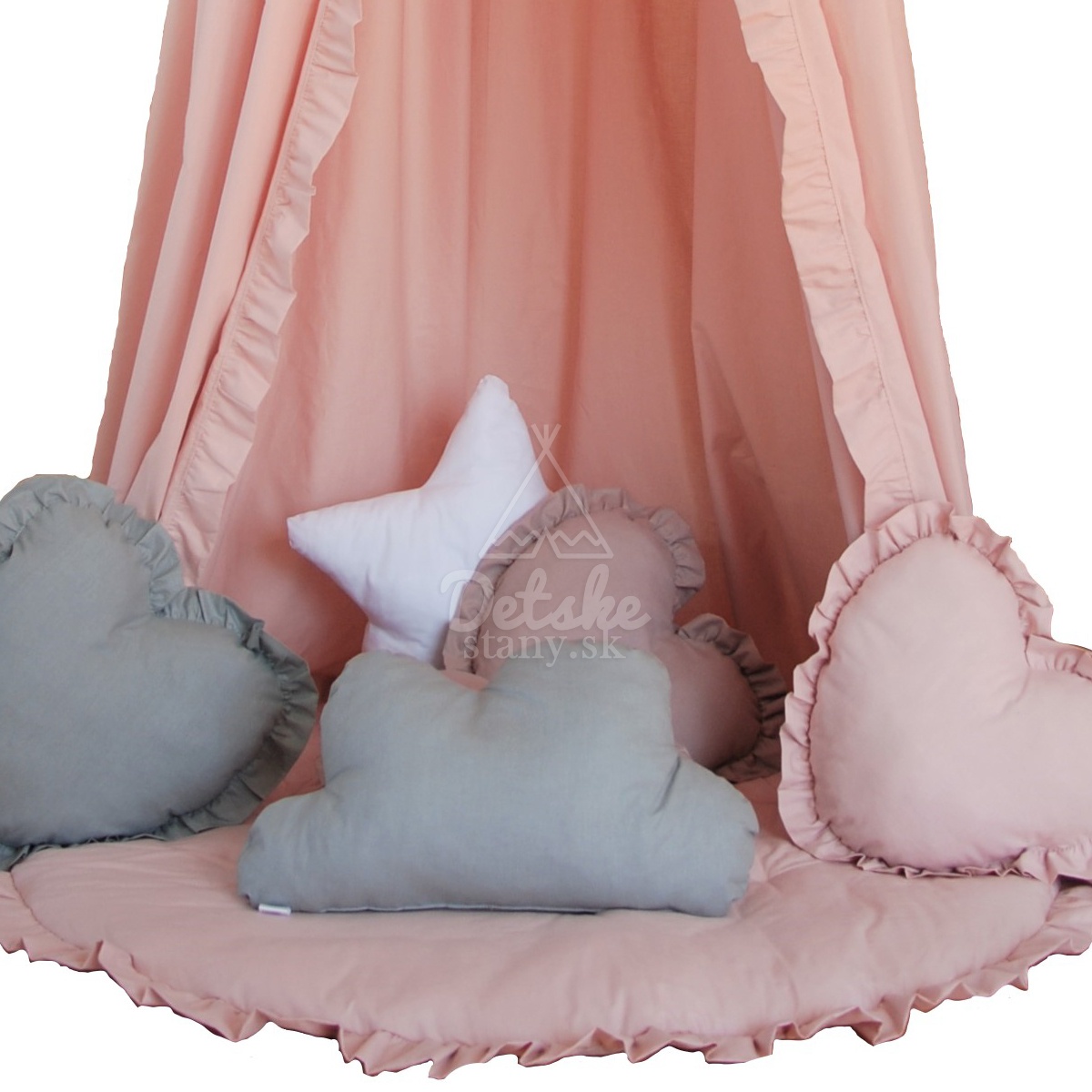 Bavlnený baldachýn s volánmi / závesný stan - púdrovo ružový - PREMIUM SET